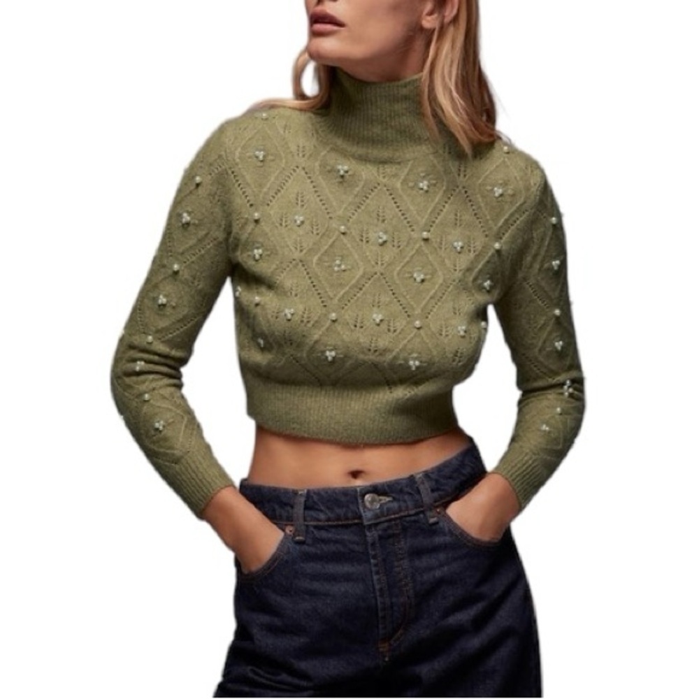 Zara Pearl Embellished Mock Turtle Neck Cropped Knit Sweater